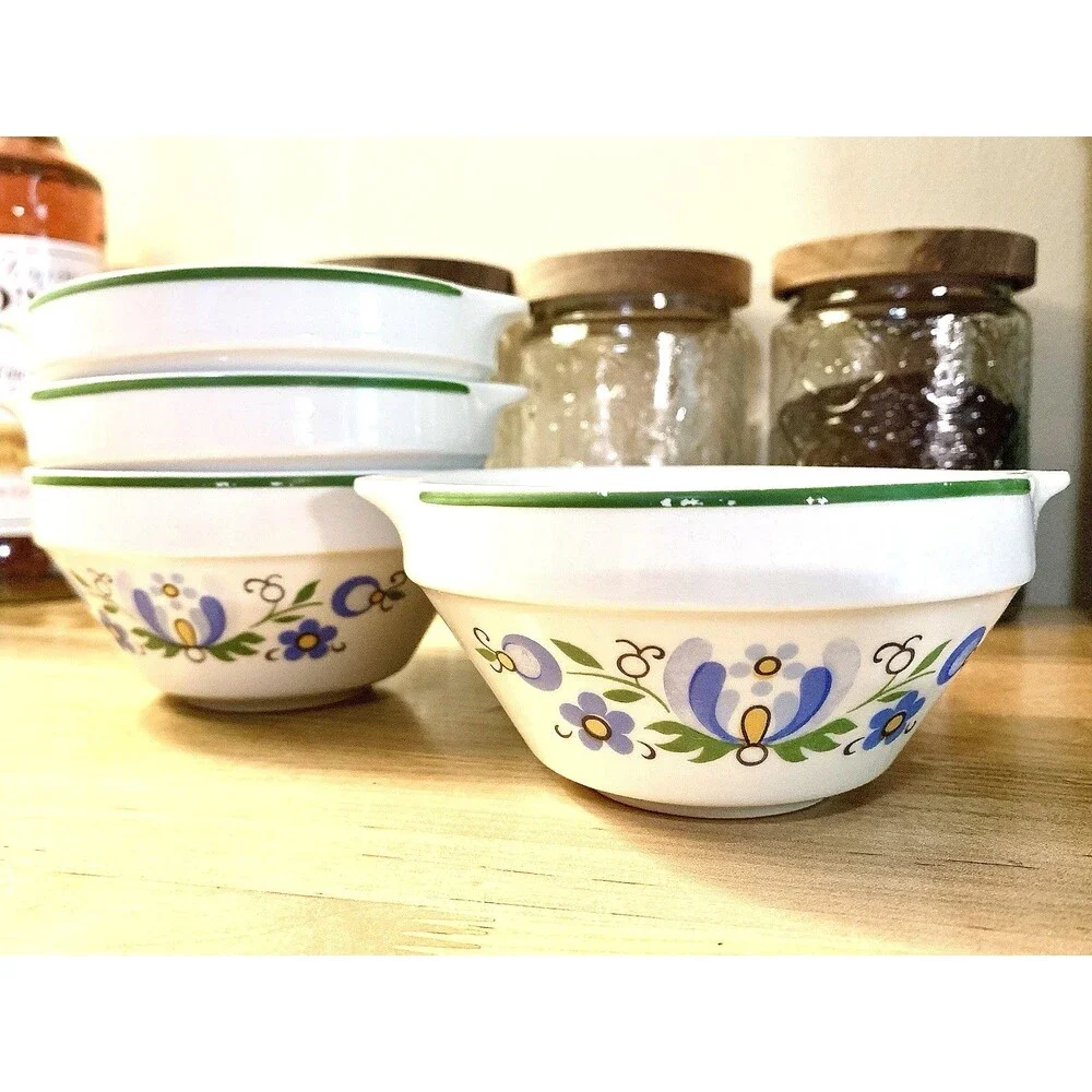 Vintage Lubiana Poland Handled Cream Soup Bowls Kashubian Floral Set Of 4